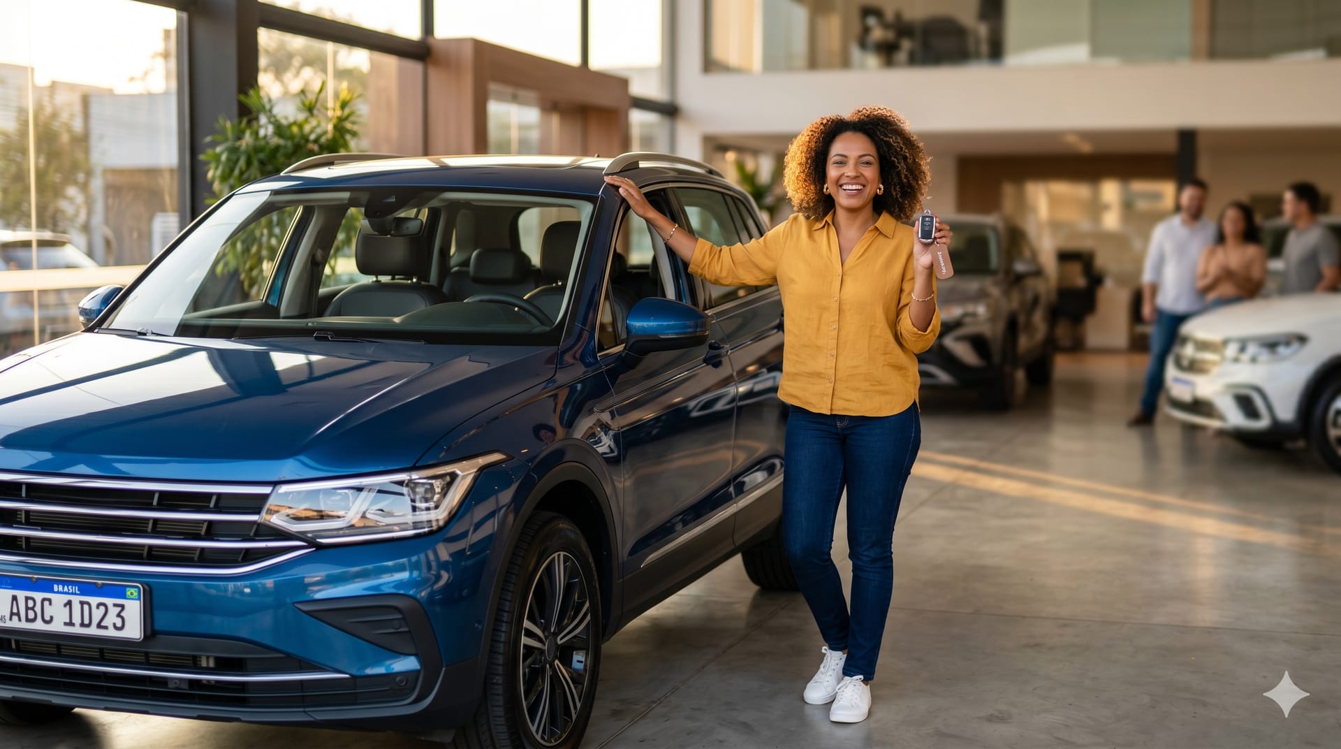 Cliente da MD Consórcios recebendo as chaves do seu carro novo em uma concessionária
